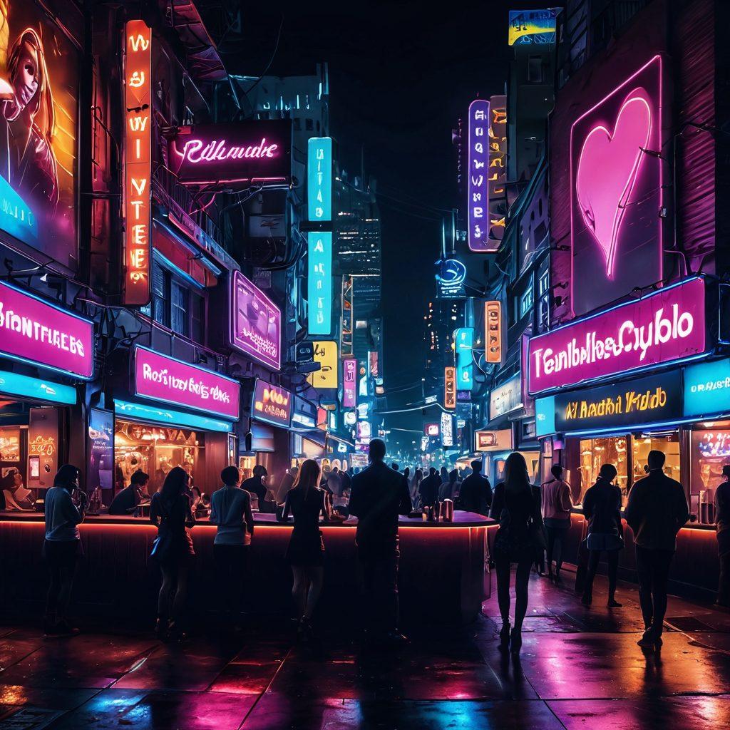 A vibrant cityscape at night showcasing a variety of adult venues, like lively clubs and intimate bars, with neon lights illuminating the scene. Include diverse silhouettes of people mingling, a couple looking at personal ads on a phone, and playful elements like heart emojis floating in the air. The overall atmosphere should feel energetic and inviting, highlighting adult encounters in an urban setting. vibrant colors. cyberpunk. night scene.