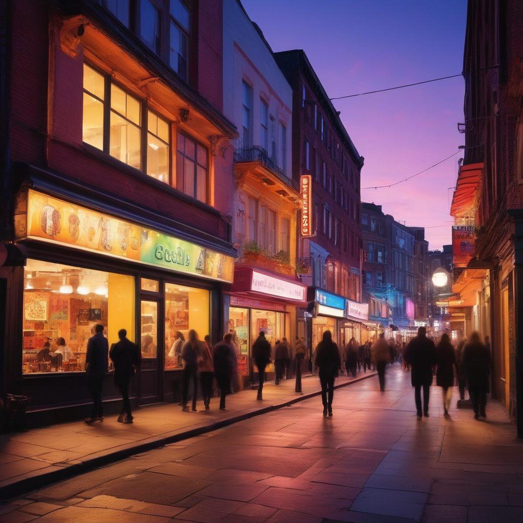 A vibrant city scene at twilight, featuring a diverse group of people engaging in conversations and exploring local venues, with whimsical icons representing erotic services subtly woven into the background. The streets are illuminated by warm, inviting lights, and the atmosphere is lively and welcoming, encouraging exploration and connection. Include hints of local culture, like street art or unique architecture. bright colors. urban setting. super-realistic.