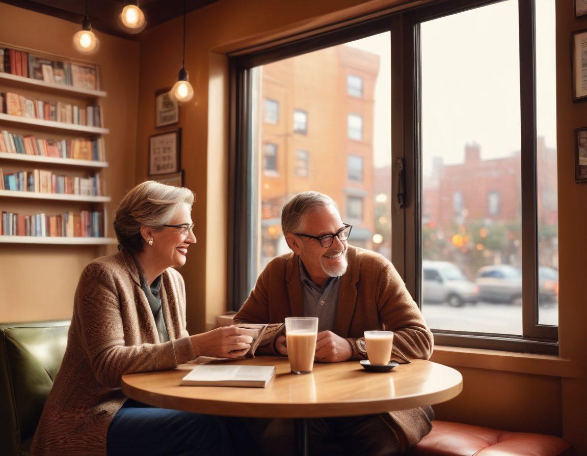 A cozy coffee shop atmosphere with two mature adults sharing a laugh over drinks, surrounded by engaging conversation bubbles symbolizing connection. Soft lighting and warm colors create an inviting ambiance, while a window view showcases a bustling city outside. Subtle hints of romance and adventure are illustrated through books and travel souvenirs on the table. elegant, warm colors. super-realistic.